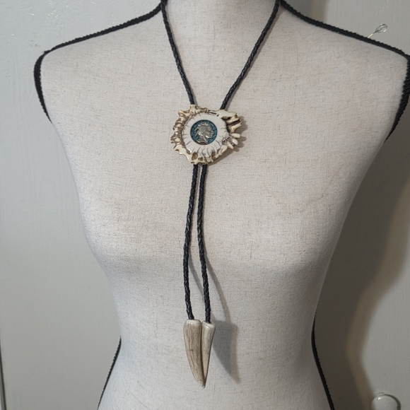 vtg antler bolo tie with buffalo head nickle tourqoise and coral leather cord